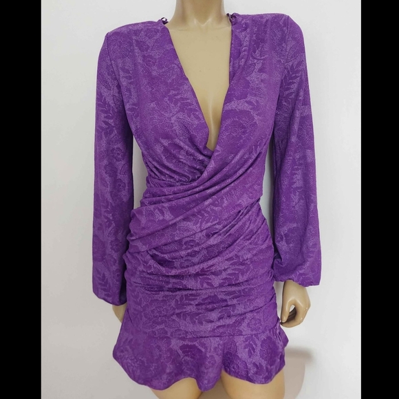 Zara Size S Small Brocade Purple Ruffle Edge Mini Dress Long Sleeves Beautiful - Picture 5 of 6